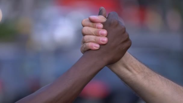 Amistad Complicidad Respeto Mano Negra Mano Blanca Saludan — Vídeos de Stock