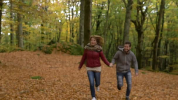 Felices Amantes Sonrientes Corriendo Bosque Otoño Cámara Lenta — Vídeos de Stock