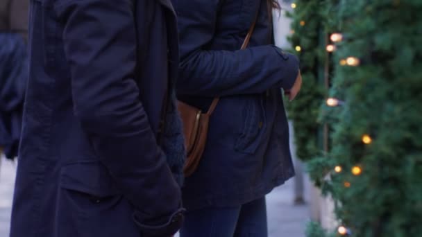 Felizes Amigos Sorridentes Vitrine Rua Tempo Natal — Vídeo de Stock