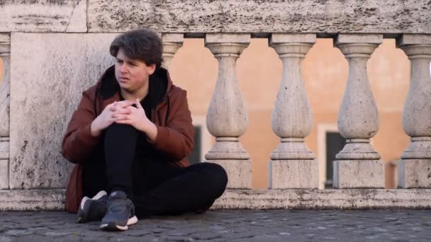 Portrait Desperate Sad Boy Sitting Alone Street Did Pass School — Stock Video