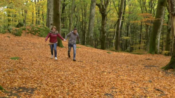 amoureux heureux courir et sauter dans le parc d'automne, ralenti 