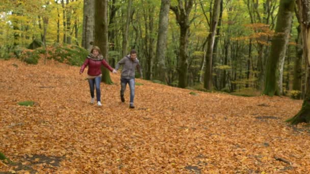 秋の公園 スローモーションでジャンプして幸せな恋人たち — ストック動画