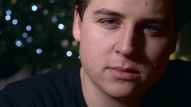 Close Lonely Sad Young Man Looking Camera Christmas Time — Vídeo de Stock