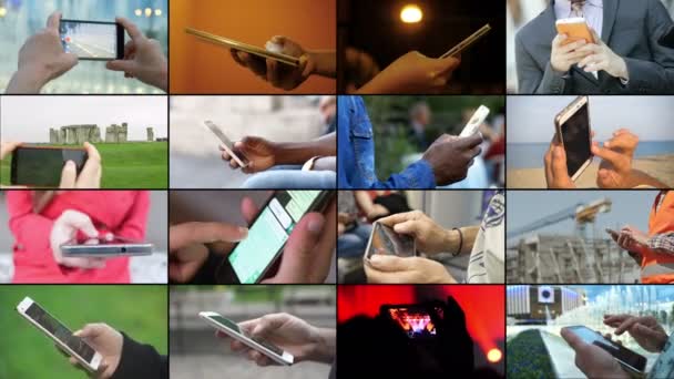 Multiscreen Tecnologia Pessoas Comunicação Mãos Digitando Smartphone — Vídeo de Stock
