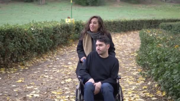 Man Wheelschair Walking Park His Girlfriend — Stock Video