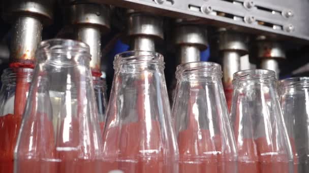 Βιομηχανική Παραγωγή Σως Ντομάτας Γεμιστά Μπουκάλια Ντομάτας — Αρχείο Βίντεο