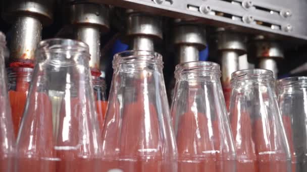 Tomatensaus Flessen Transportband Lijn Tomatensaus Productie — Stockvideo