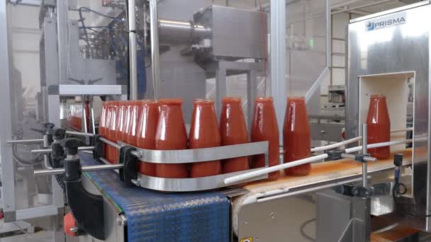コンベアライン上のトマトソースボトル トマトソース生産 — ストック動画