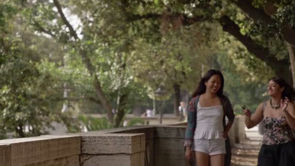 Retrato Amizade Feminina Dois Amigos Despreocupados Caminham Rua Conversando Câmera — Vídeo de Stock