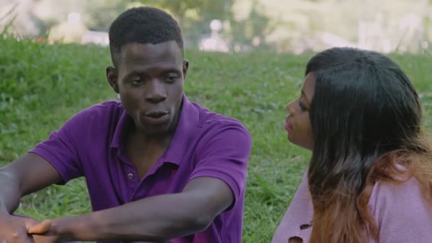 年轻的美国非洲恋人在公园里交谈 — 图库视频影像