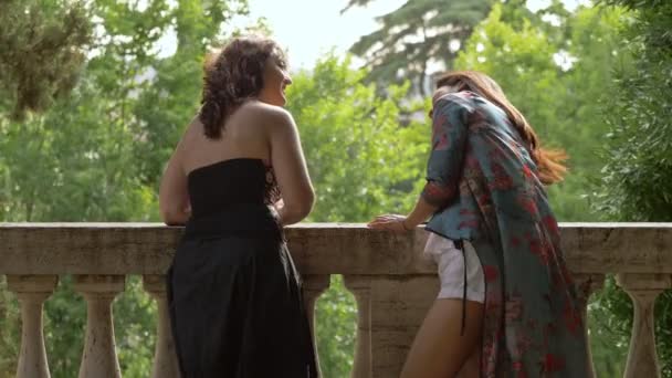 Небрежно Дружба Сплетни Две Улыбающиеся Подруги Разговаривают Смеются Над Парком — стоковое видео