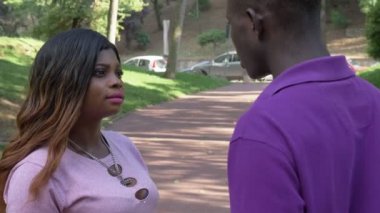 Break up portresi, tartışmak. Genç Amerikalı Afrikalı çift parkta tartışıyor