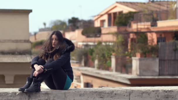 Portrait Sad Depressed Lonely Woman Sitting Outdoor Thoughts Depression Loneliness — Stock Video