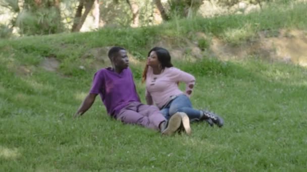 年轻的美国非洲恋人在公园里交谈 — 图库视频影像
