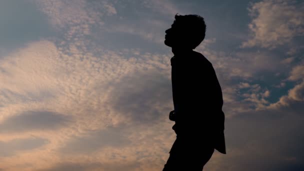 Succes Winnen Jonge Man Silhouet Dansen Bij Zonsondergang — Stockvideo