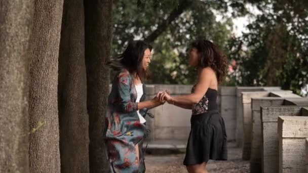 Buenas Noticias Alegría Felicidad Dos Mujeres Hablando Regocijándose Parque — Vídeo de stock