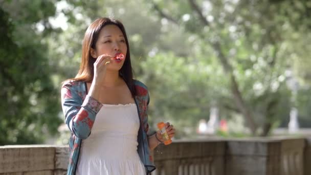公園で石鹸の泡を吹く魅力的な幸せな中国の女性の肖像画 — ストック動画