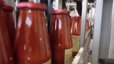 Domates sosu fabrikası. Konveyör bant üzerinde Domates sos şişeleri
