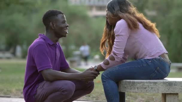 Junge Schwarzafrikanische Liebhaber Die Park Miteinander Flirten Liebe Zuneigung — Stockvideo