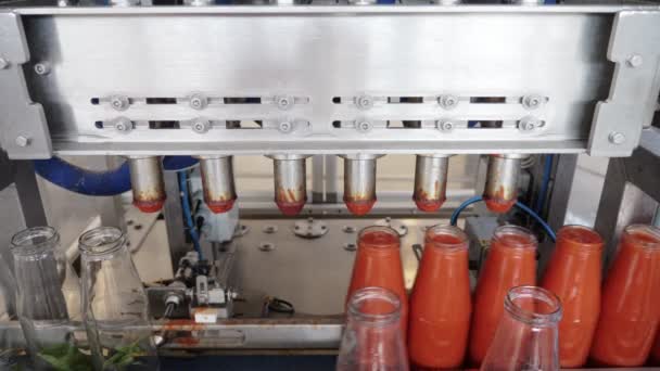 Geautomatiseerde Machines Vulling Tomatensaus Flessen Productie Van Tomatensaus — Stockvideo