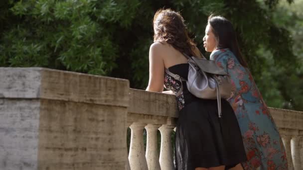 Confidencias Femeninas Mujeres Jóvenes Hablando Charlando Parque Cámara Lenta — Vídeos de Stock