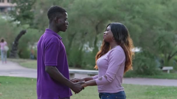 快乐微笑的黑人非洲恋人走 拥抱在公园 慢动作 — 图库视频影像