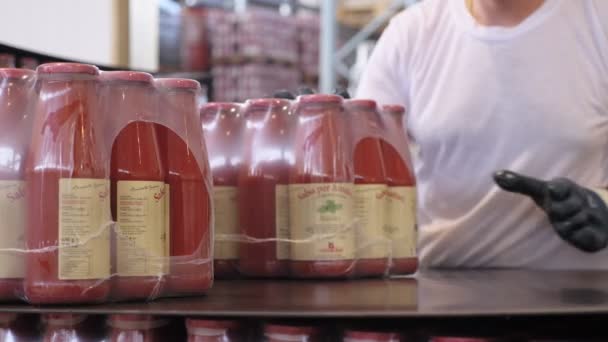 コンベアライン上のトマトソースボトル トマトソース生産 — ストック動画