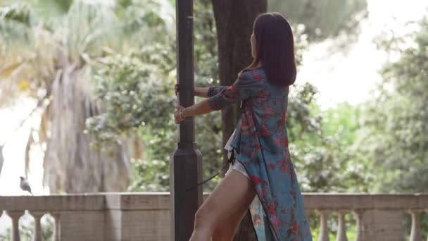 Счастливая Улыбающаяся Китаянка Бледнеющая Шестом Замедленном Движении Парка — стоковое видео