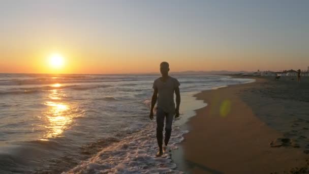 Lonely Attraktiv Ung Afrikansk Man Går Stranden Vid Solnedgången — Stockvideo