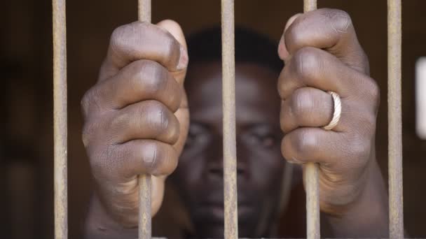 Sad Young African Man Jail Bars Criminality Law Prison — Stock Video