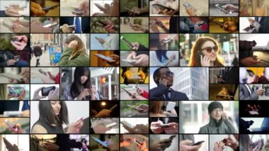 günlük yaşamda akıllı telefon kullanan insanların kompozisyonları. Modernite, teknoloji