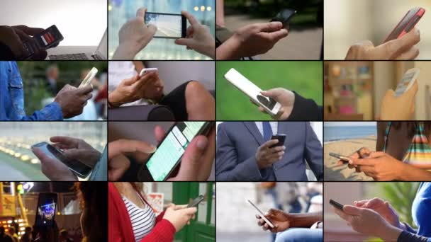 Multiscreen Tecnologia Pessoas Comunicação Mãos Digitando Smartphone — Vídeo de Stock