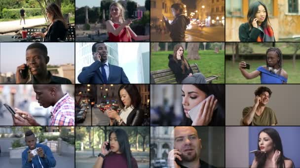 Πολλαπλή Οθόνη Νέους Ανθρώπους Που Χρησιμοποιούν Smartphone Νεολαία Τεχνολογία — Αρχείο Βίντεο