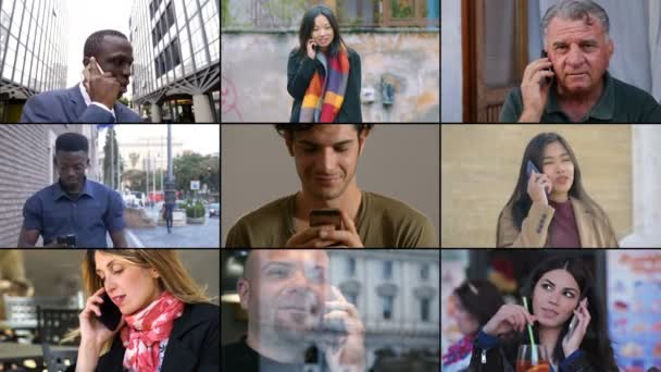 Multiscreen Różnych Ludzi Korzystających Smartfonów — Wideo stockowe
