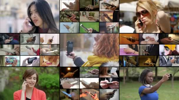 Σύνθεση Πολυφυλετικές Γυναίκες Που Χρησιμοποιούν Smartphones Στη Ζωή Τους — Αρχείο Βίντεο