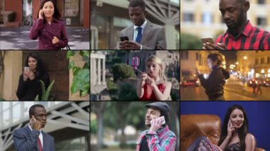 Akıllı telefonları kullanan genç çok ırklı kişilerde çoklu ekran. Gençlik, iletişim