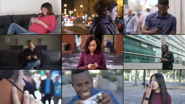 Samenstelling Verschillende Mensen Met Behulp Van Smartphones Communicatie Apparaten Modernit — Stockvideo