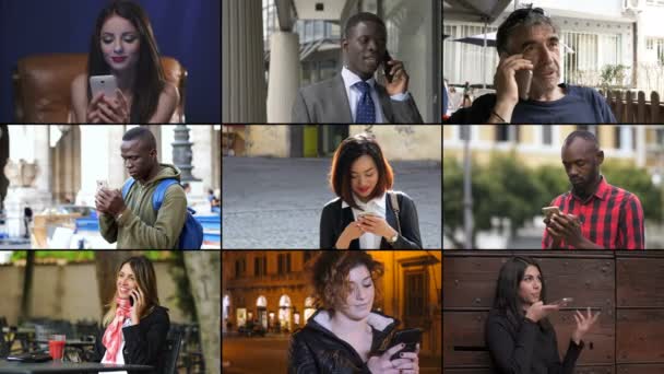 Multipantalla Personas Que Usan Teléfonos Inteligentes Sus Vidas — Vídeo de stock