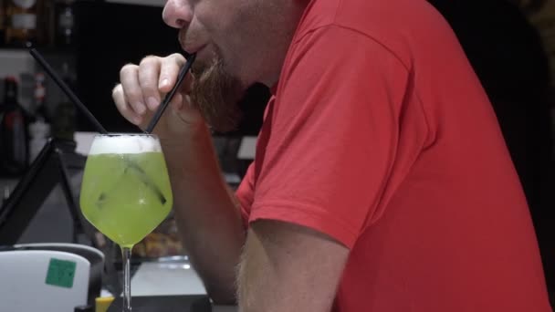 Ελκυστικός Άνθρωπος Που Πίνει Πράσινο Κοκτέιλ Στον Πάγκο Στο Μπαρ — Αρχείο Βίντεο