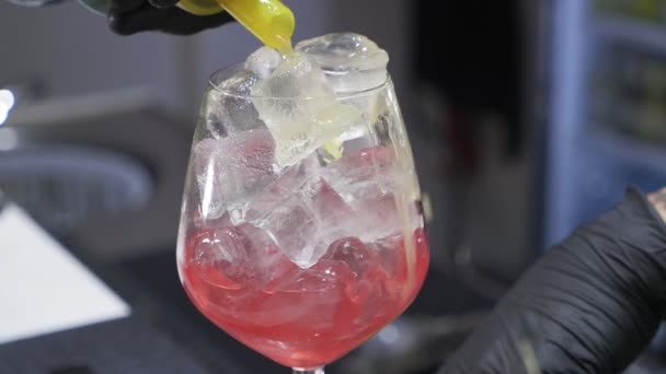 Barman Bereidt Verse Smakelijke Cocktail Bij Bar Counter Slow Motion — Stockvideo