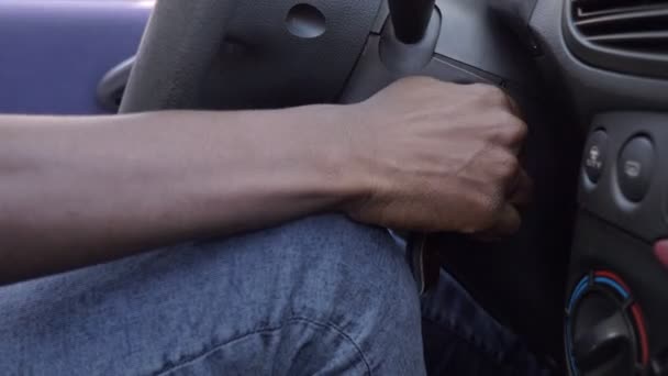 Black Man Hand Turns Ignition Key Car — Stock Video