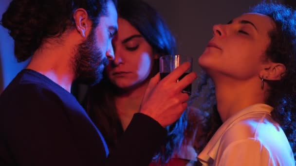Three People Flirting Club Night Polyamory New Way Loving Relation — Stock Video