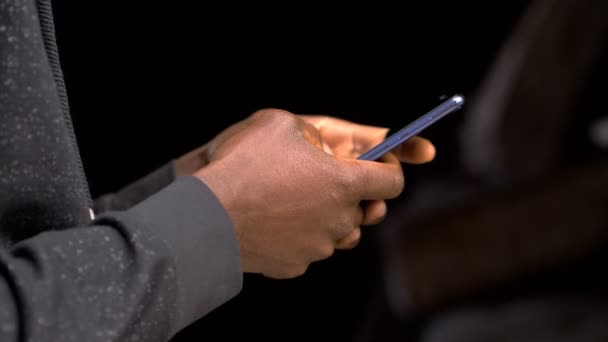 Young Black Man Hands Typing Smartphone Devices Technology Modernity — ストック動画