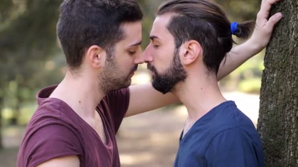 Two Male Lovers Kissing Looking Each Other Park Love Passion — стоковое видео