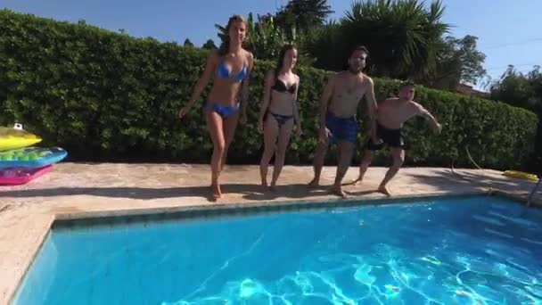 Summer Fun Four Friends Having Fun Pool — Stock Video