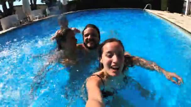 Summer Fun Four Friends Having Fun Pool — Stock Video