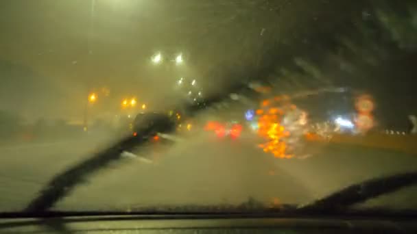 Rainy Night Cities Traffic Caution Car Driving Rainy Night City — Stock Video