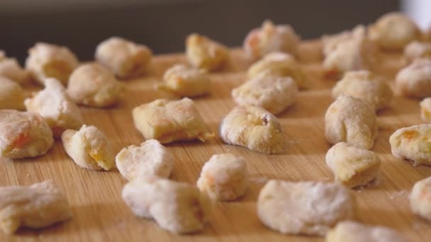 Steady Cam Freshly Made Gnocchi Put Chopping Board — Stock Video