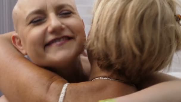 Comfort Affection Sick Bald Woman Hugging Her Sister — Stock Video