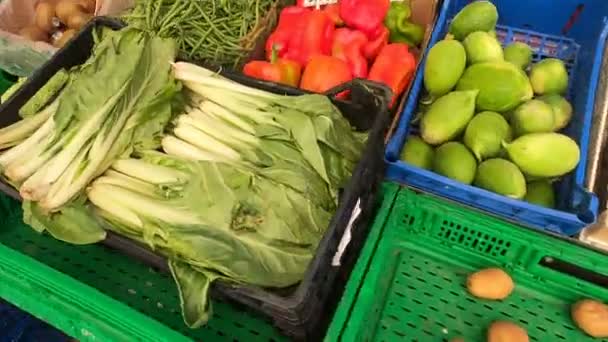 Stała Kamera Straganach Pełnych Owoców Warzyw Lokalnym Rynku — Wideo stockowe